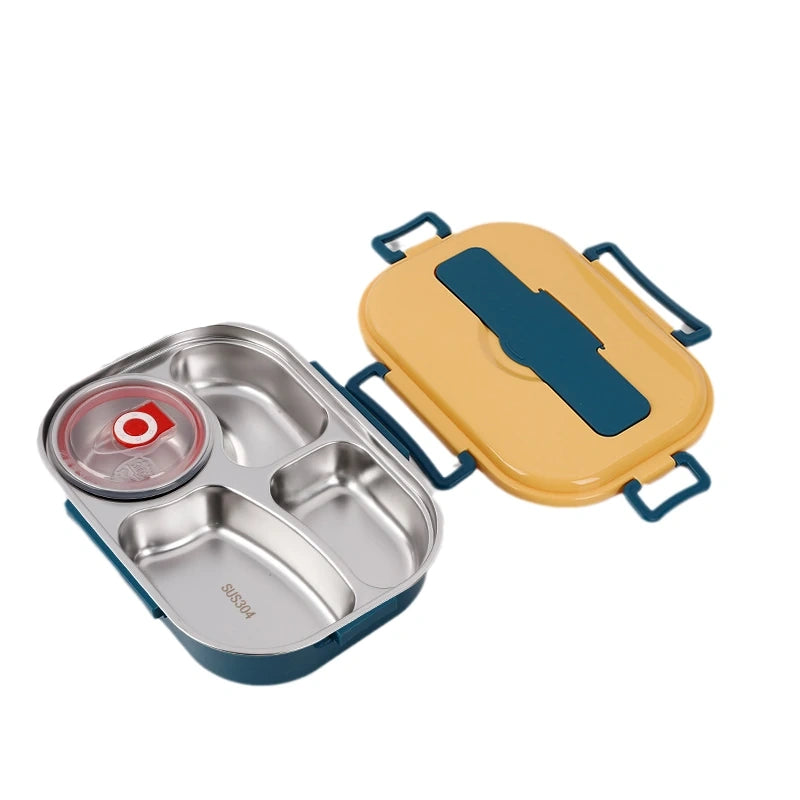 View of a modern stainless steel lunch box with a sleek design, featuring a secure lid and insulated interior