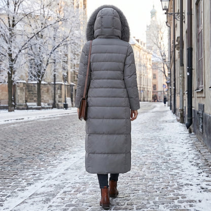 Close up view of the Womens Quilted Winter Jacket showing the intricate stitching and luxurious fabric texture, perfect for winter layering.