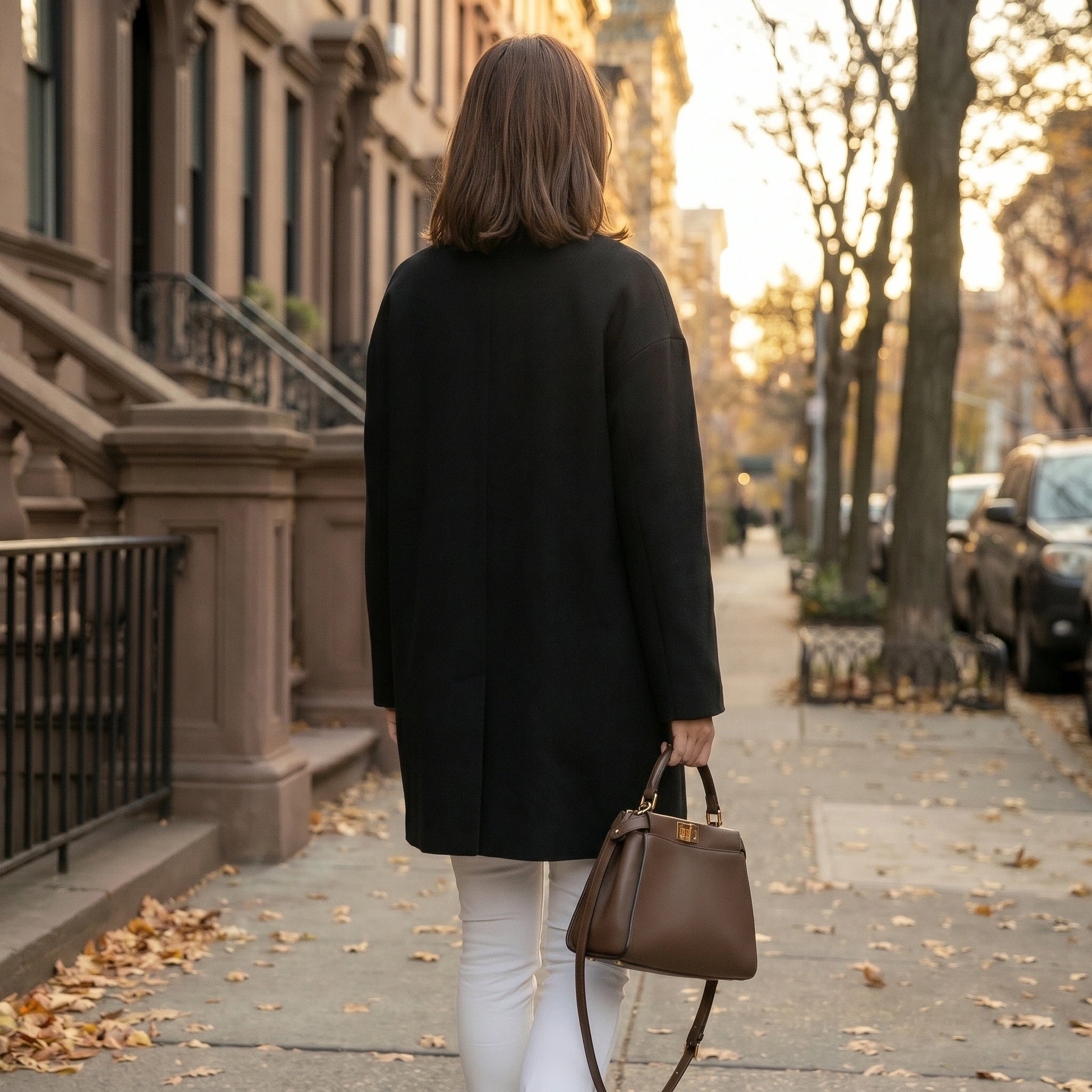 A model showcases a womens polished minimalist winter coat in a sleek black hue, styled with a high waisted outfit against a neutral background.