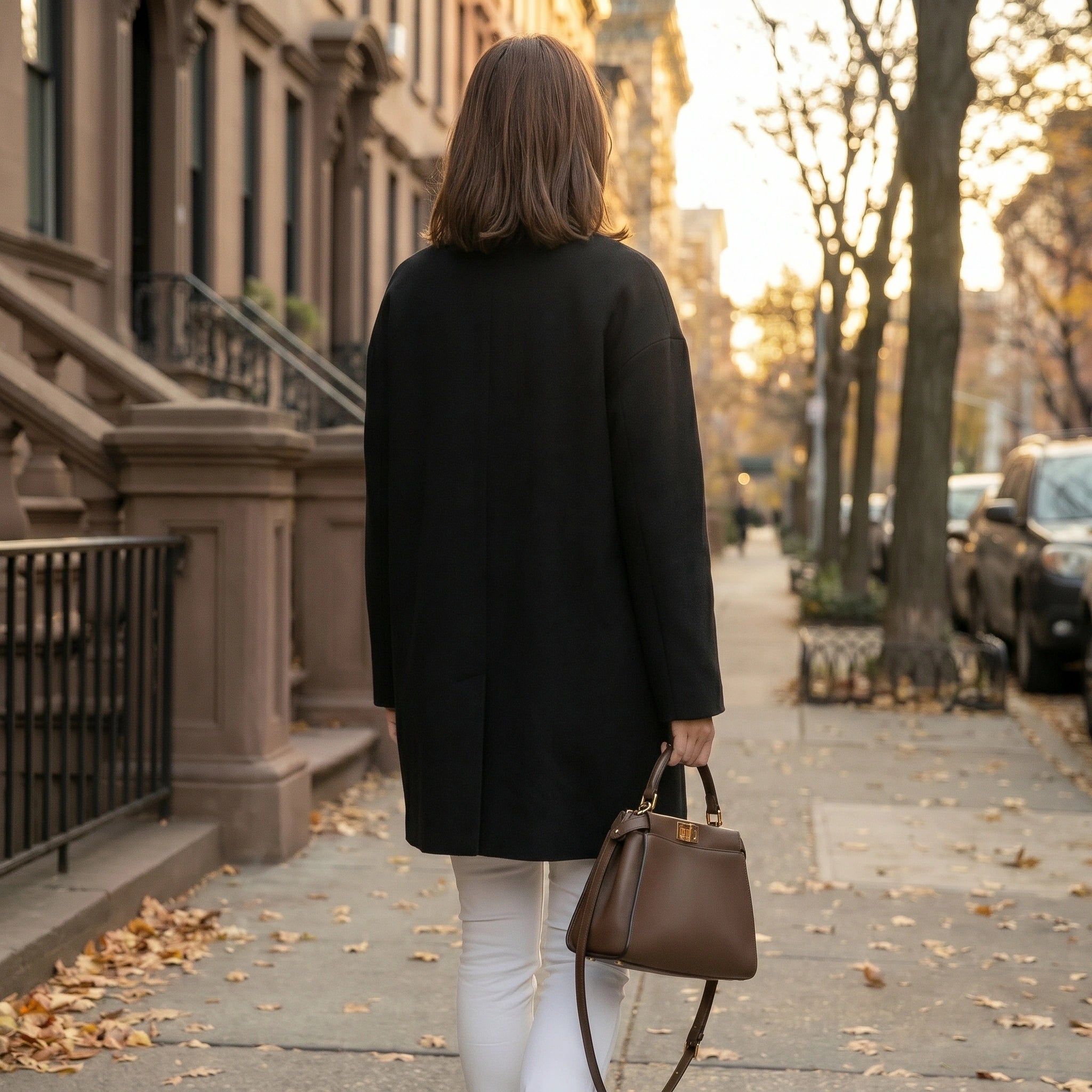 A model showcases a womens polished minimalist winter coat in a sleek black hue, styled with a high waisted outfit against a neutral background.