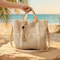 Close up of the woven straw fabric showing intricate stitching and texture, showing the tote bag's design perfect for beach outings.