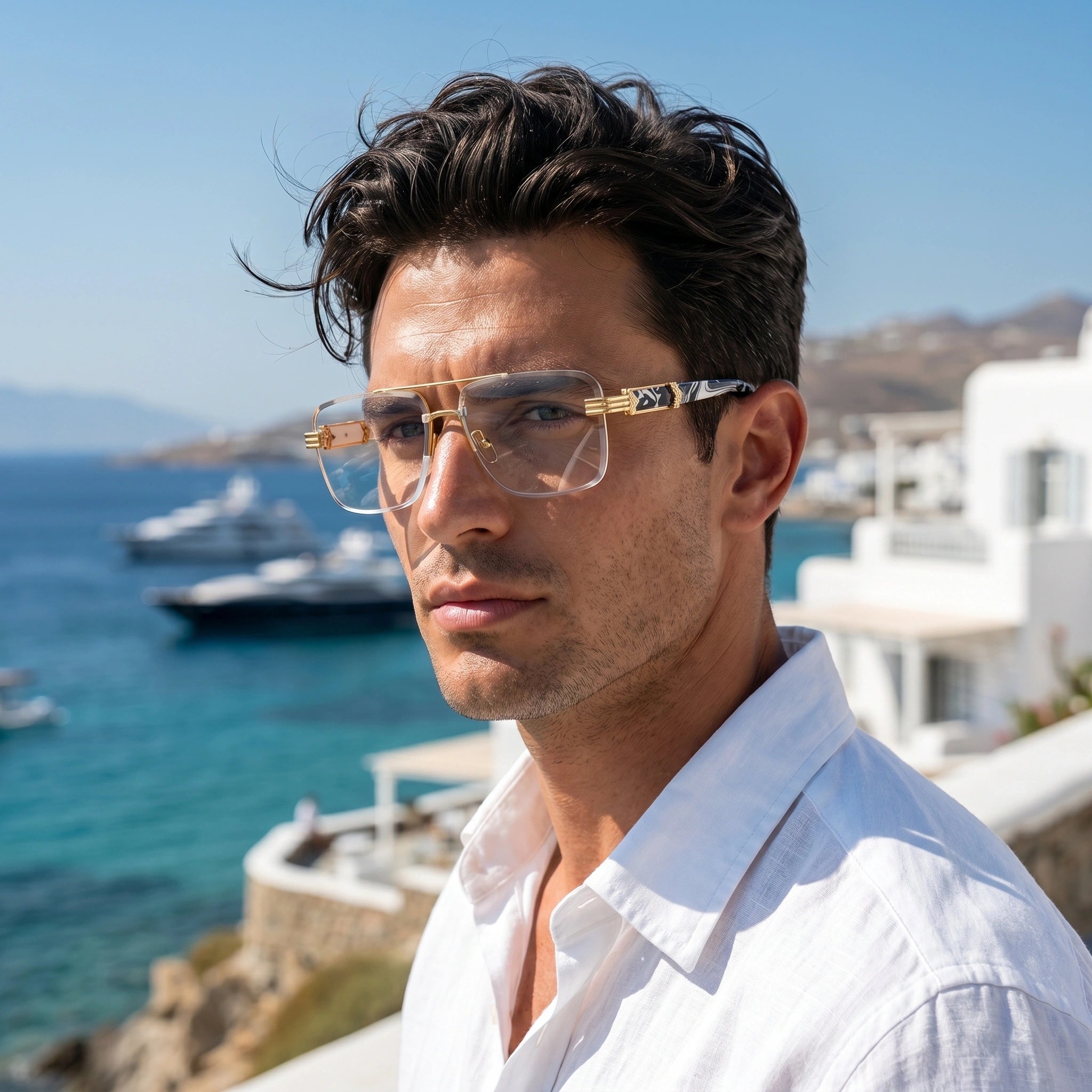 A model showcases mens classic frameless summer sunglasses, paired with a light linen shirt and beige shorts against a sunny outdoor backdrop.