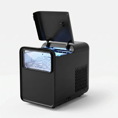 View of a sleek portable ice maker showcasing its cooling vents and power outlet for efficient operation