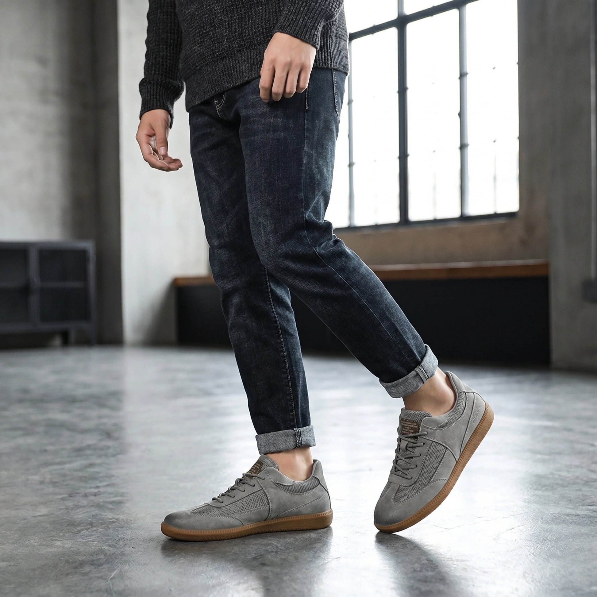 Close up view showing the premium fabric and meticulous stitching of the Men's Classic Lace Up Sneakers in a sleek black color.