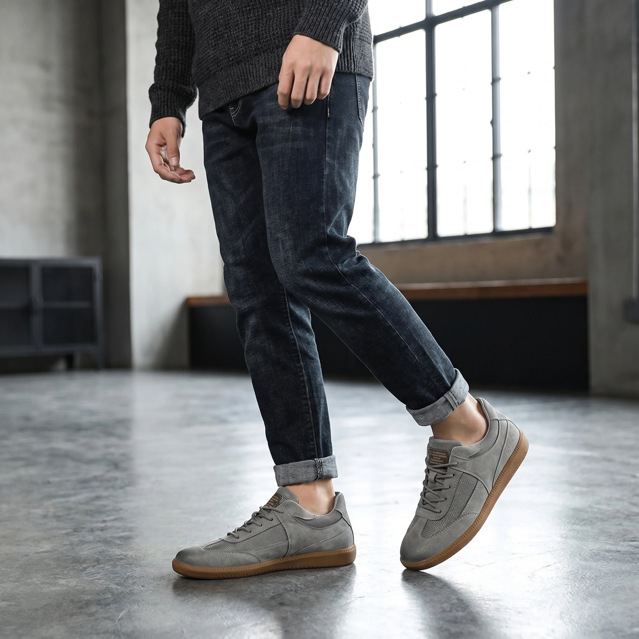 Close up view showing the premium fabric and meticulous stitching of the Men's Classic Lace Up Sneakers in a sleek black color.