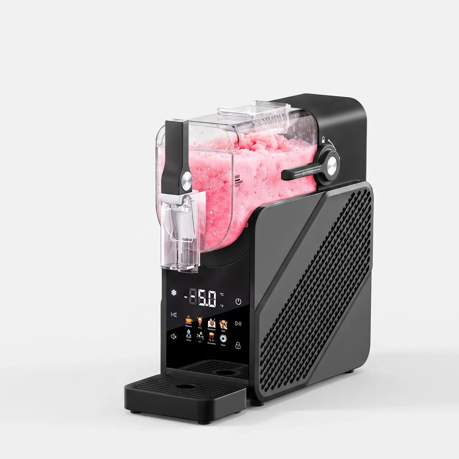 View of a slushy maker showcasing its sleek design, easy access controls, and power cord management for tidy storage