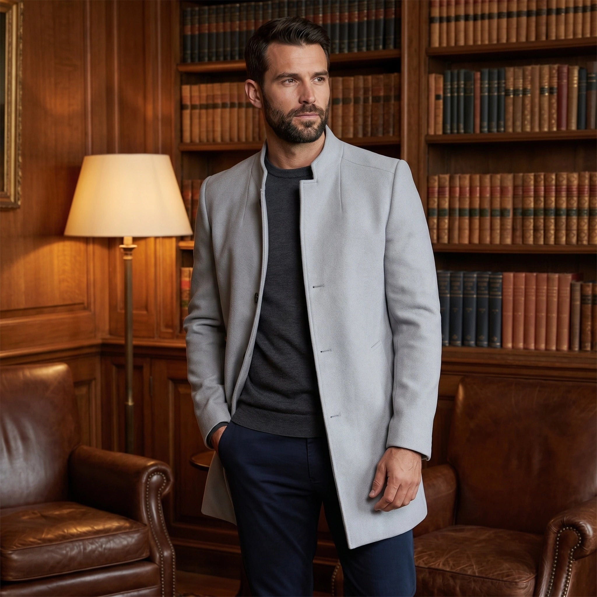 Close up view of the Mens Sophisticated Slim Fit Jacket showing the premium fabric texture and meticulous stitching details against a neutral background.