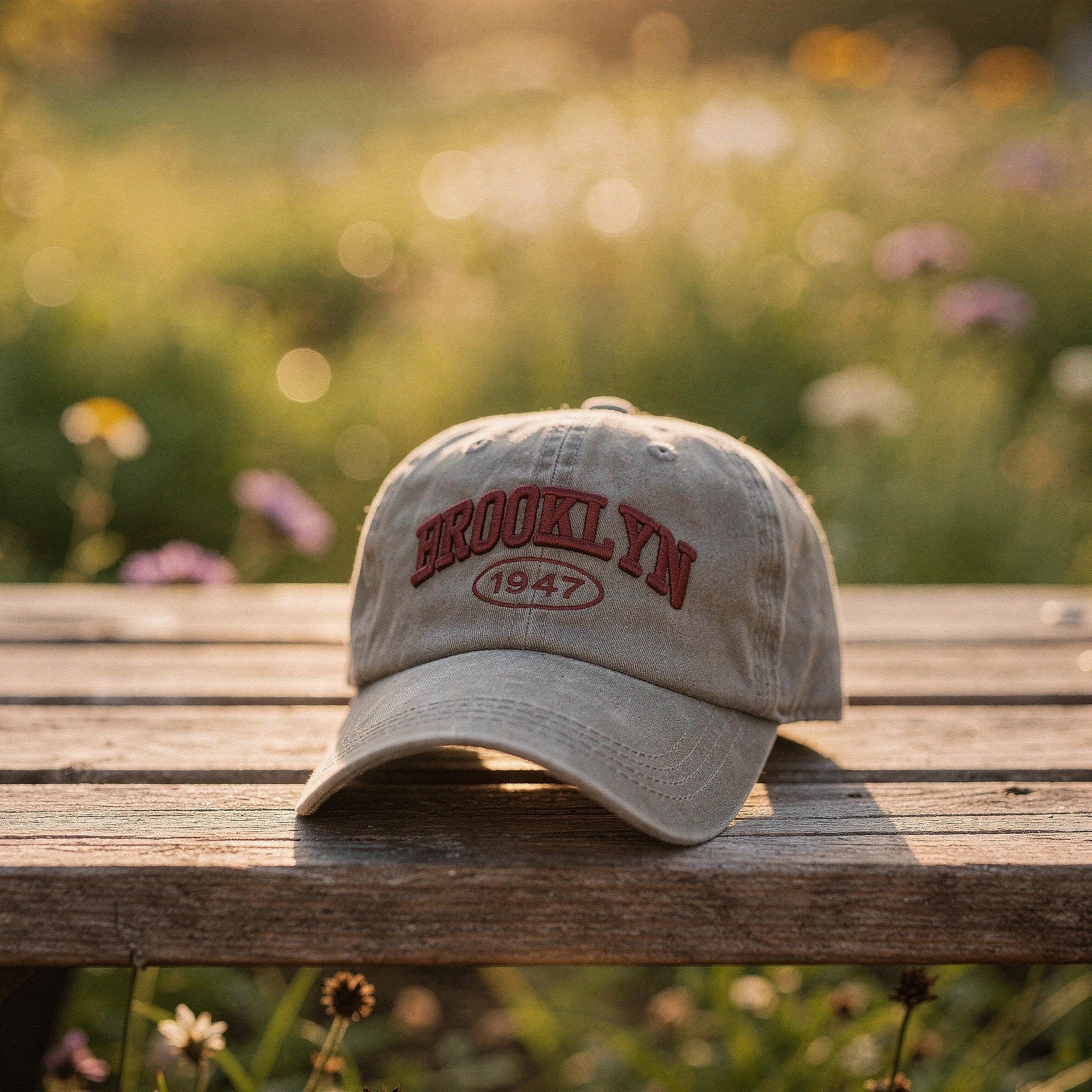 View of a navy blue cap featuring intricate white embroidery, showcasing a casual chic design and adjustable strap