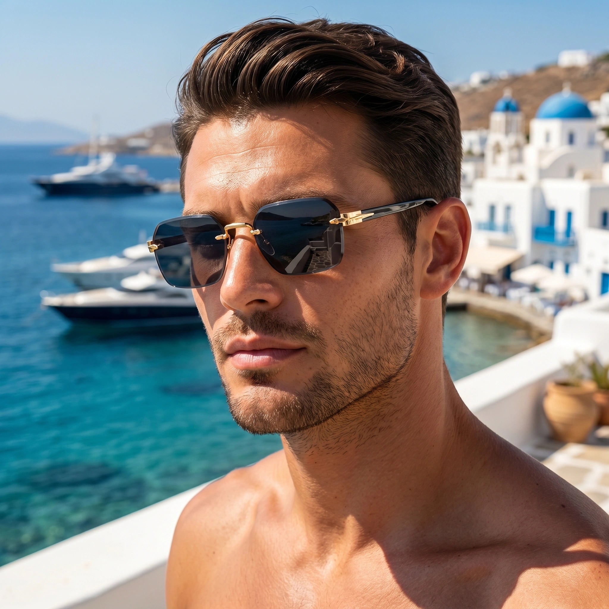Close up view of the rimless design and sleek temple details of men's summer sunglasses, showing their modern craftsmanship against a soft neutral background.