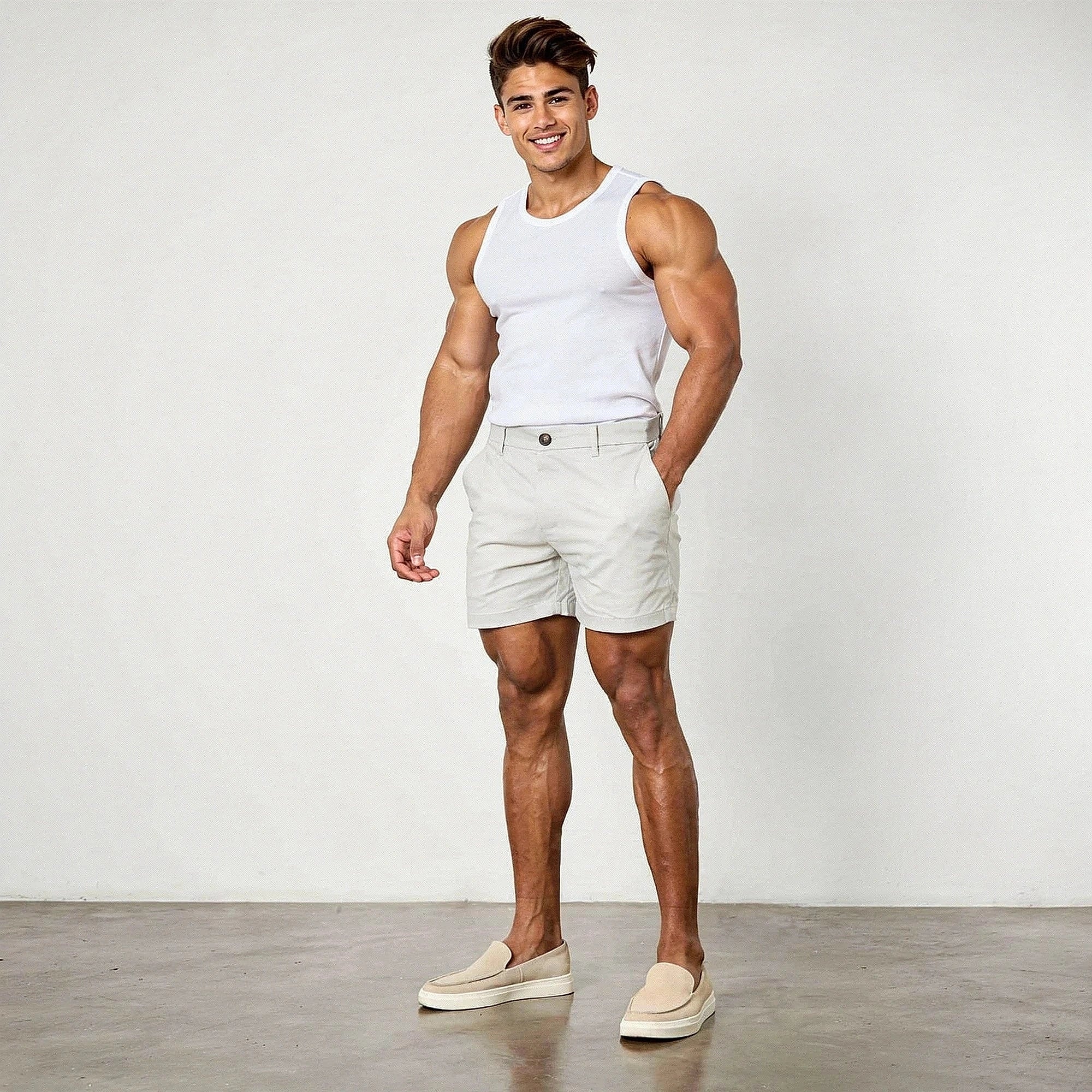View of men's athletic fit stretch chino shorts in light beige, featuring a comfortable waistband and pockets
