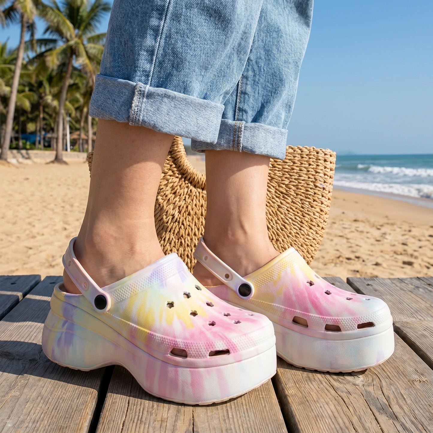 A model showcases the Womens Summer Clogs in a vibrant outfit showing a high waisted skirt and light blouse, set against a bright outdoor background.