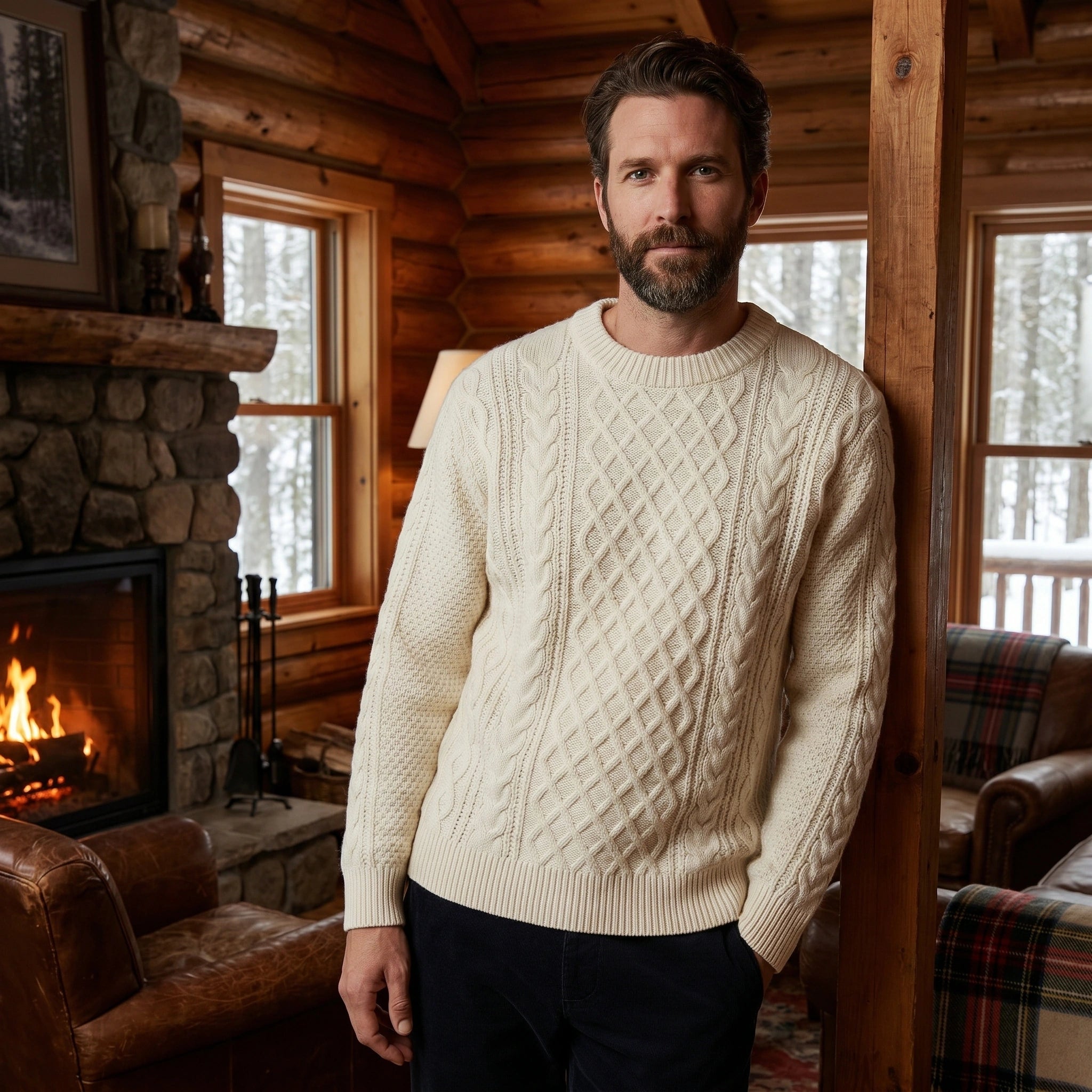 Close up of the mens cozy cable knit sweater showing intricate stitching and texture in a rich, neutral color against a soft, blurred background.