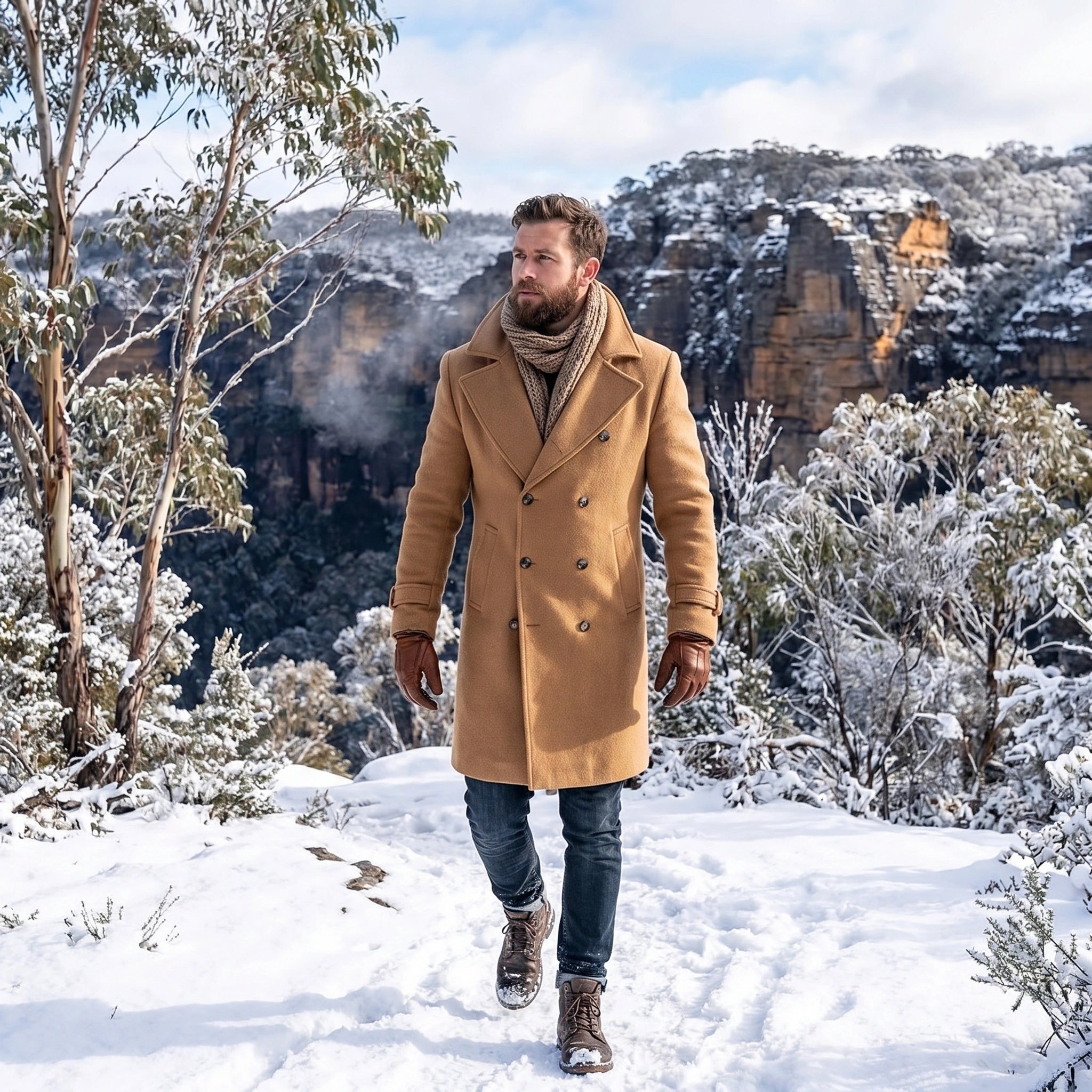 Close up view of the men's structured double breasted winter coat showing premium fabric texture, precise stitching, and design details against a neutral background.