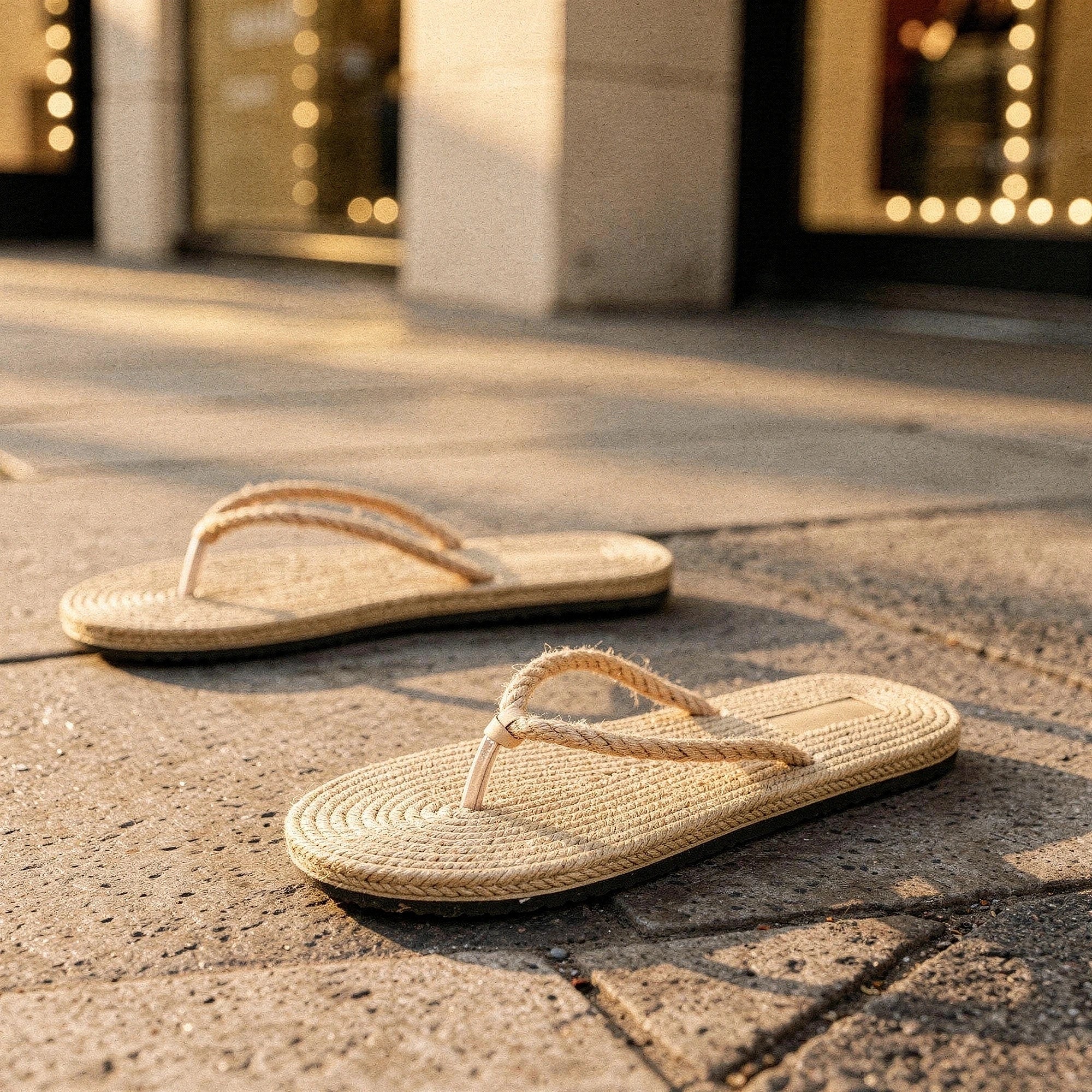 View of chic casual straw flip flop sandals in beige, featuring a woven straw upper and comfortable footbed