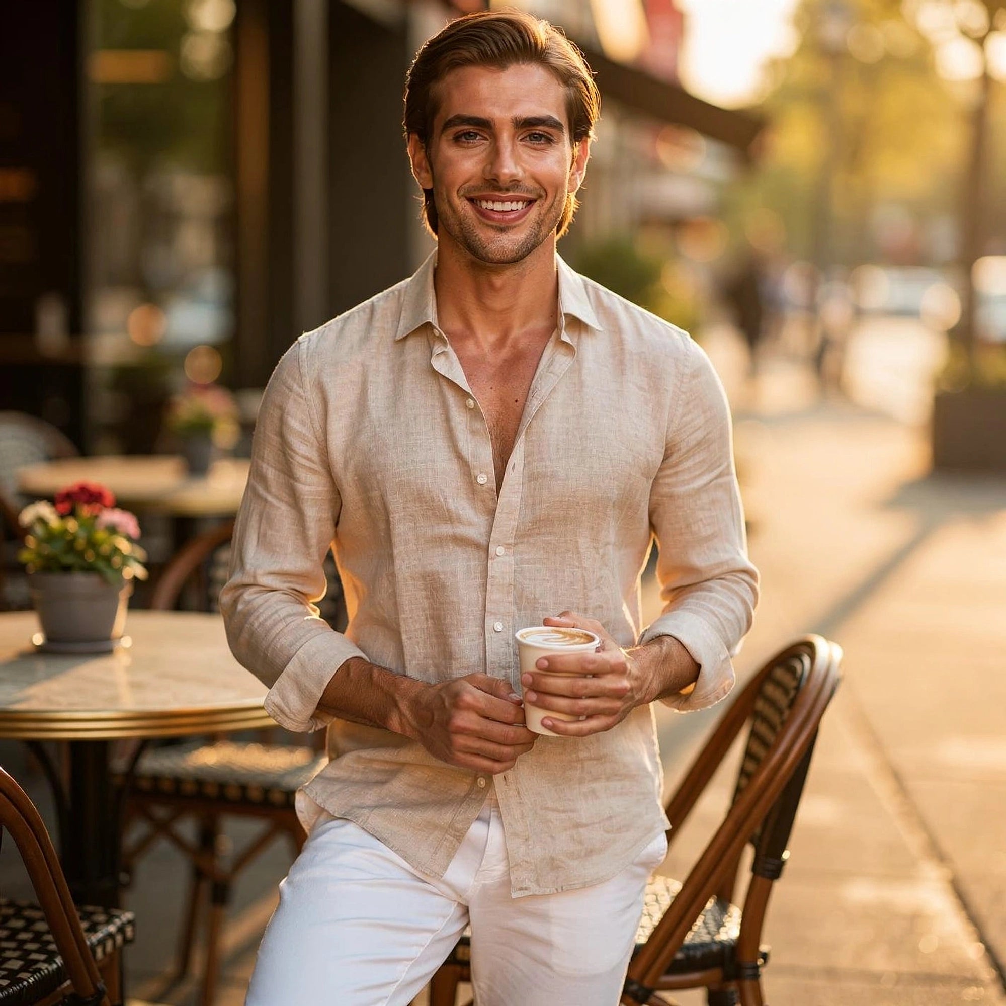 Light blue casual button up shirt made of soft cotton, featuring a relaxed fit and detailed stitching, view