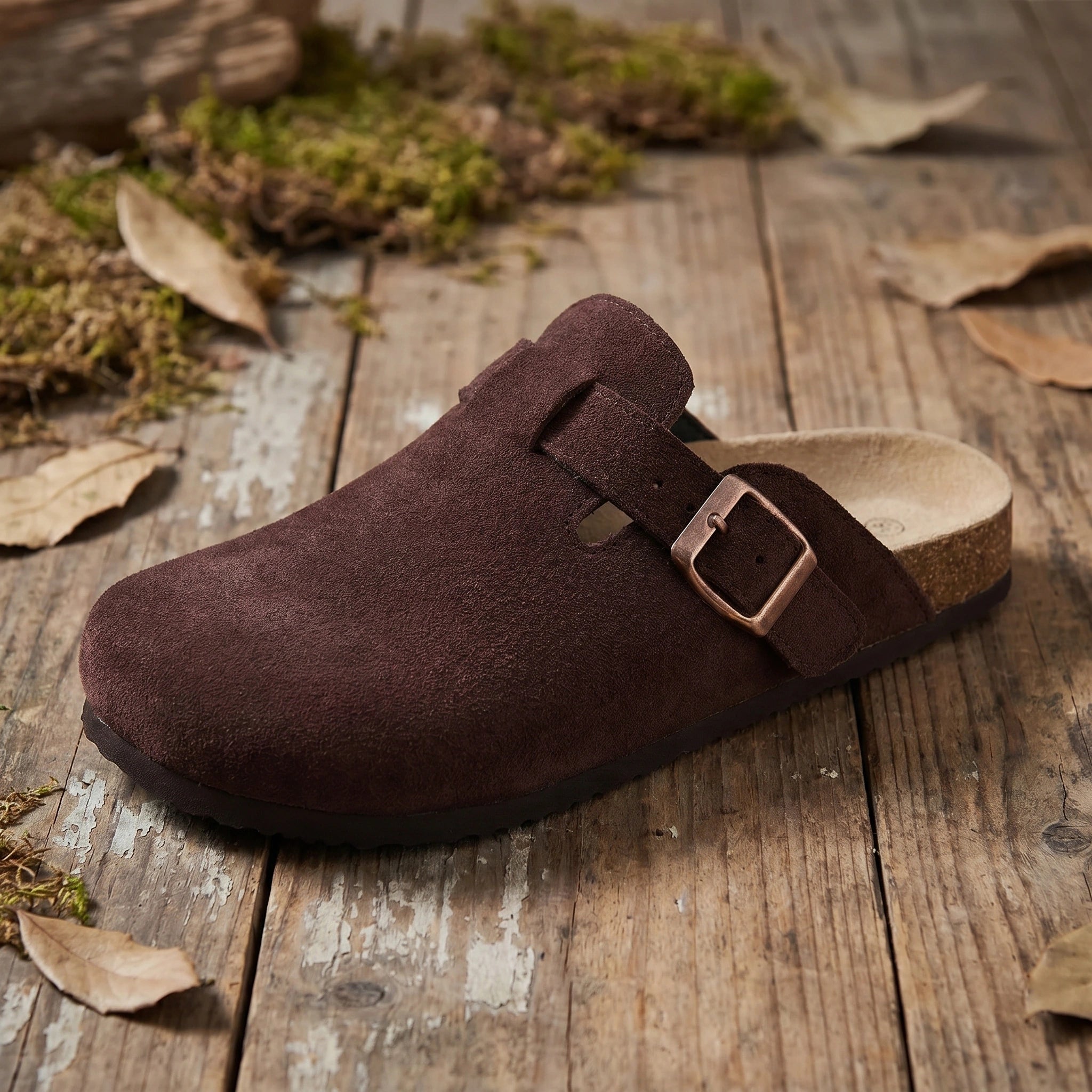 Close up view showing the soft suede texture and detailed stitching of the men's comfortable sandals, showing their design against a neutral background.