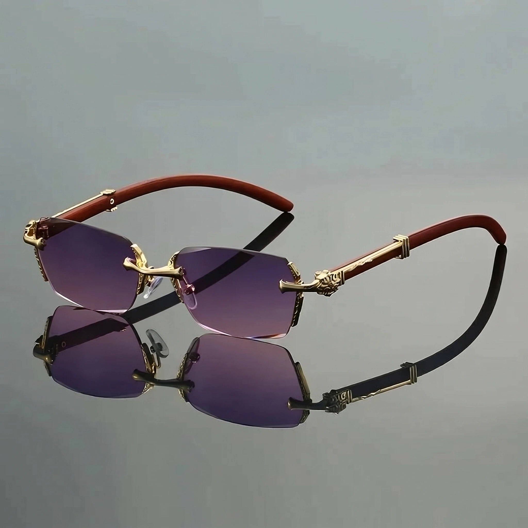 Close up of the sleek semi rimless frame and gradient lenses of the Men's Gradient Semi rimless Sunglasses, showing luxurious craftsmanship and modern style.