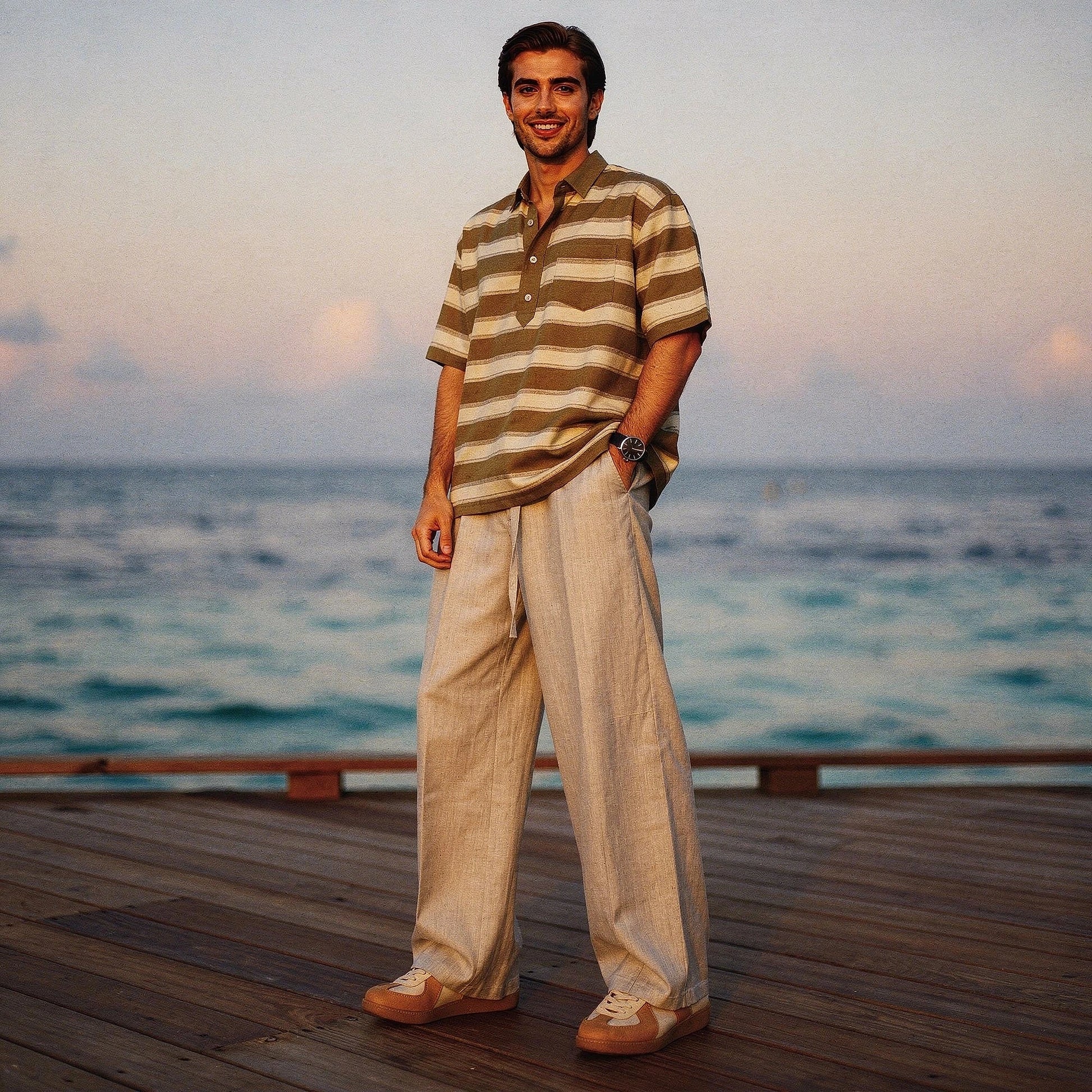 Lightweight summer trousers in a relaxed fit, featuring a soft fabric, pockets, and a neutral beige color, view