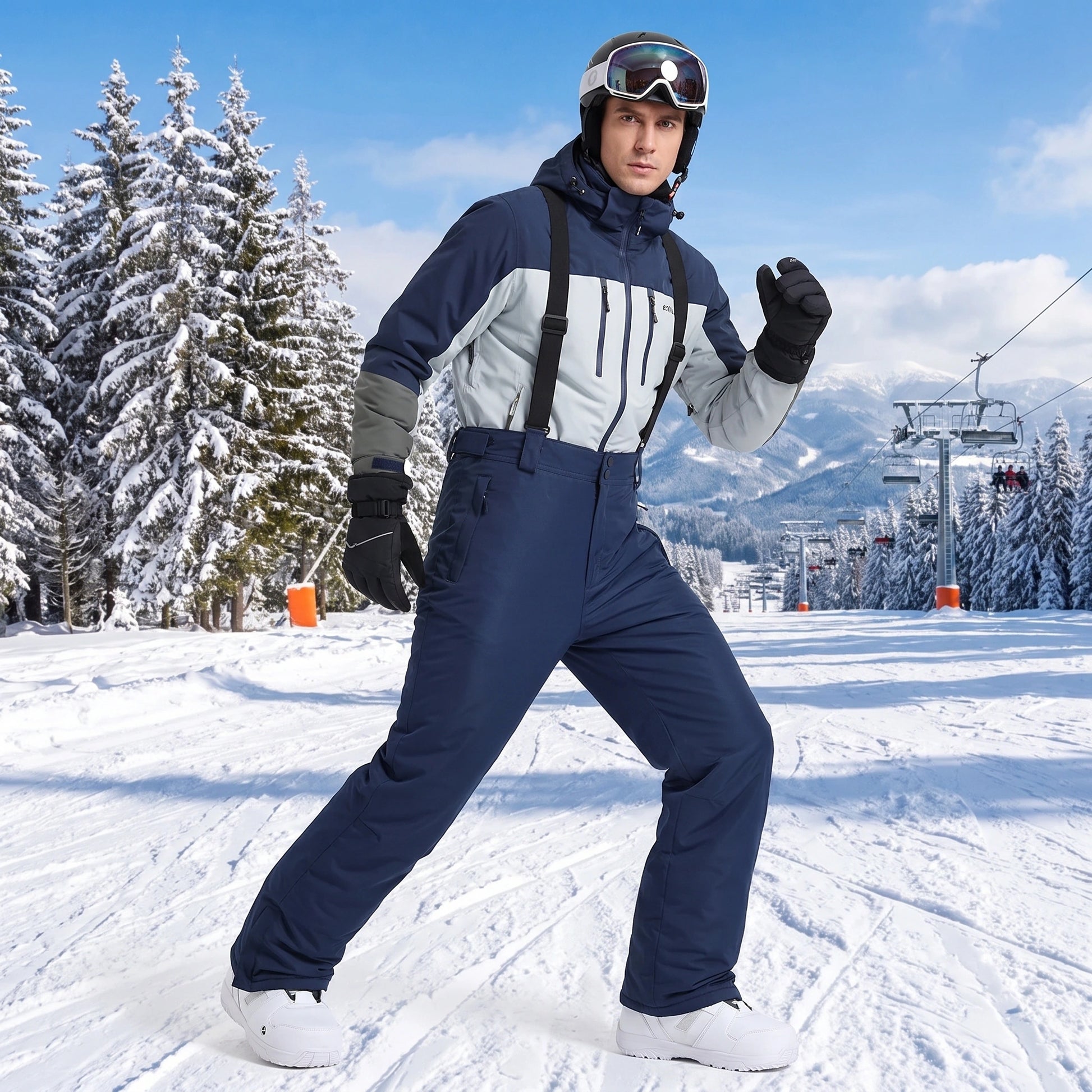 A model showcases the men's warm windproof winter ski pants in a sleek black color, styled with a matching jacket against a snowy mountain backdrop.