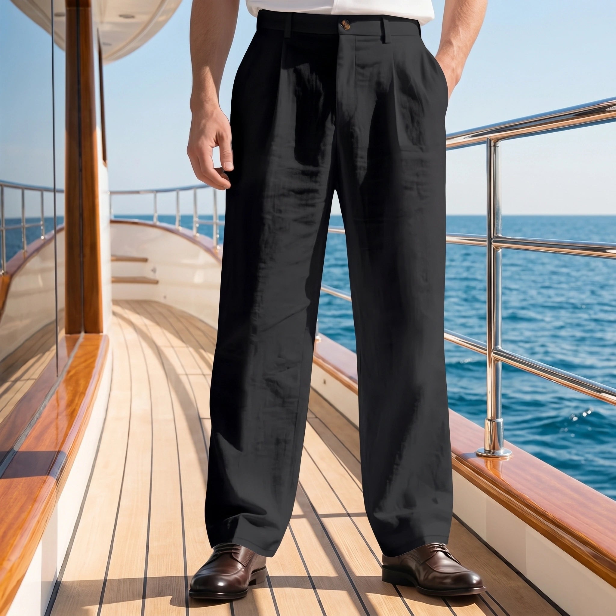 Back view of a model wearing mens relaxed summer linen pants in a light beige color, showing the fabric's texture and construction details against a neutral background.