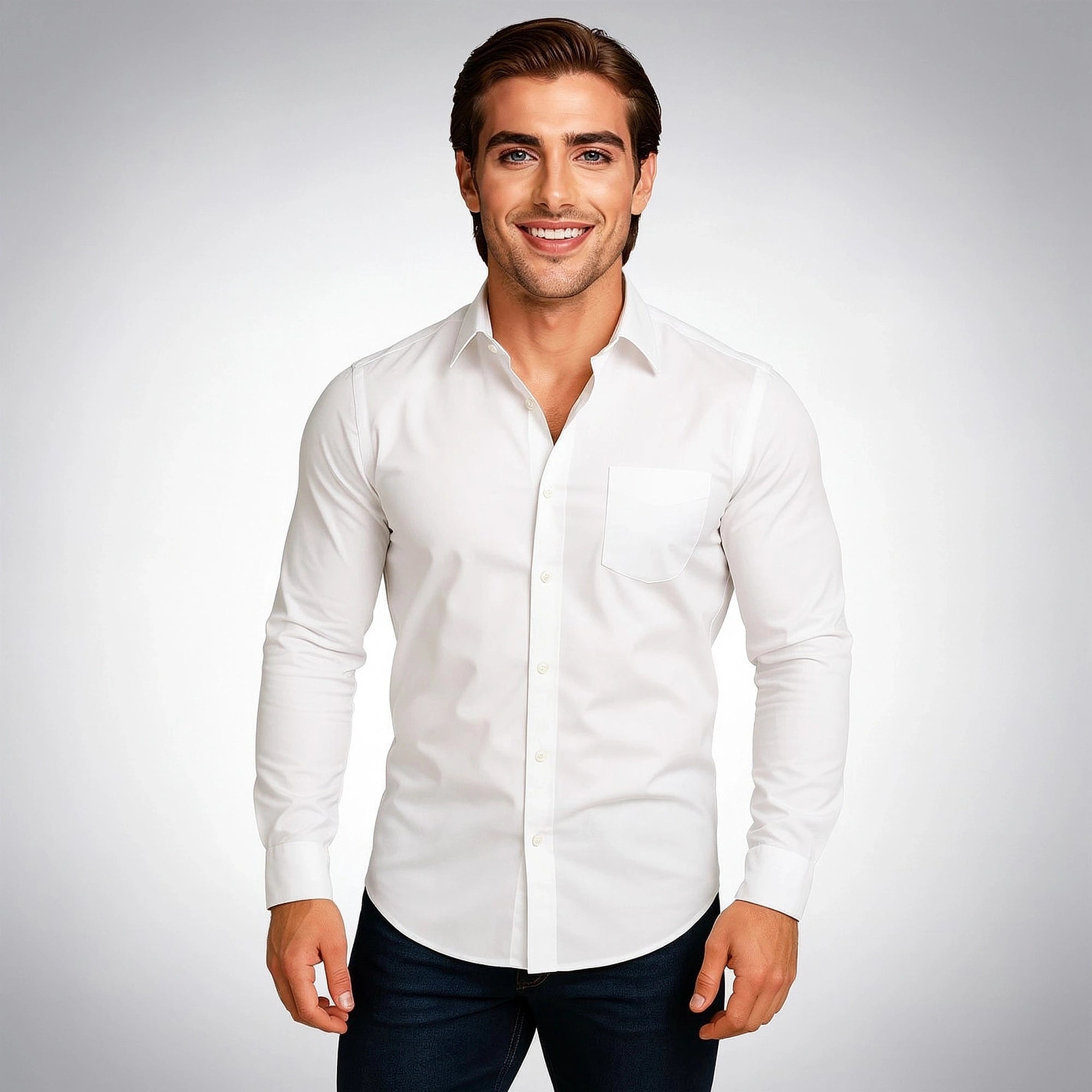 Light blue tailored shirt made of cotton, featuring a button down collar and view showing the sleek fit