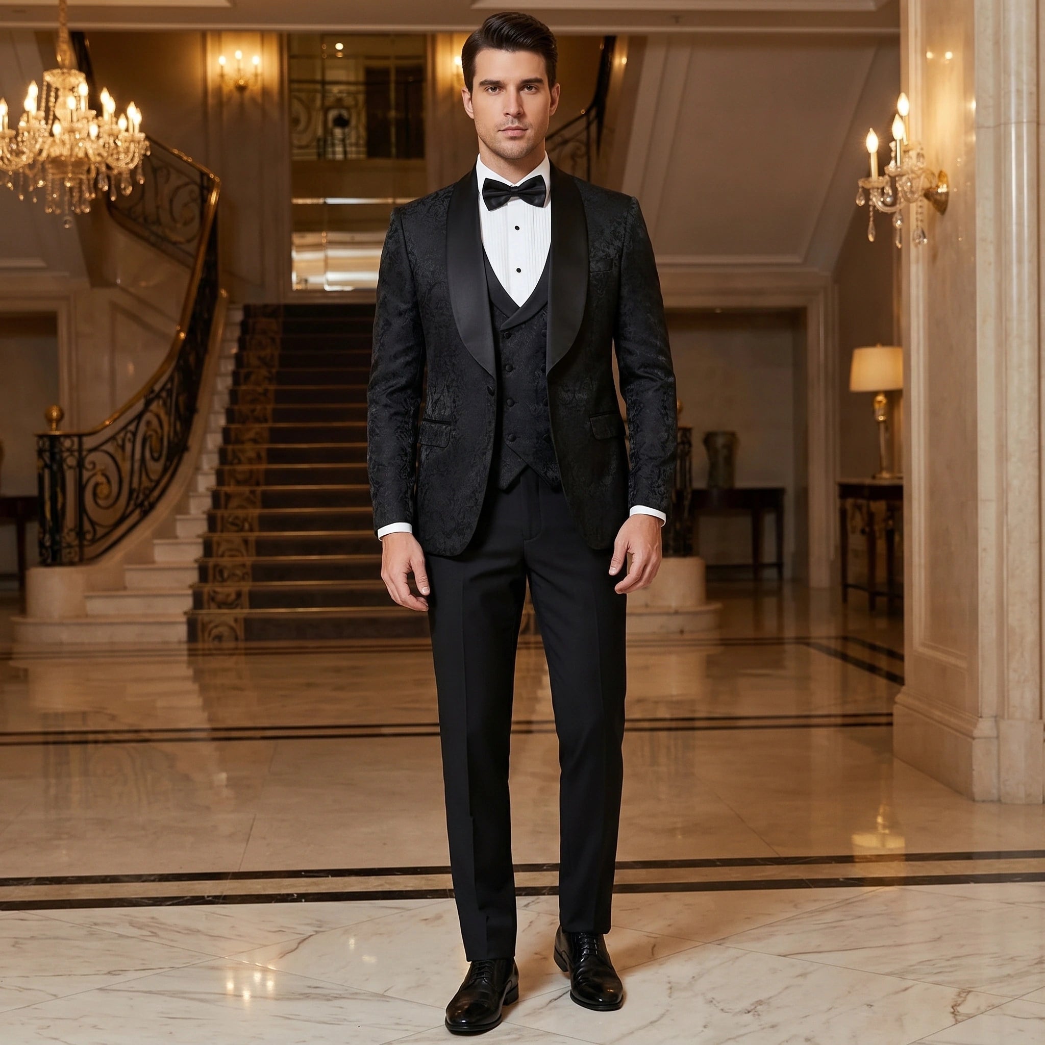 Close up view of the luxurious fabric and precise stitching of the Men's Slim Four Seasons Suit, showing its sophisticated design and quality craftsmanship.