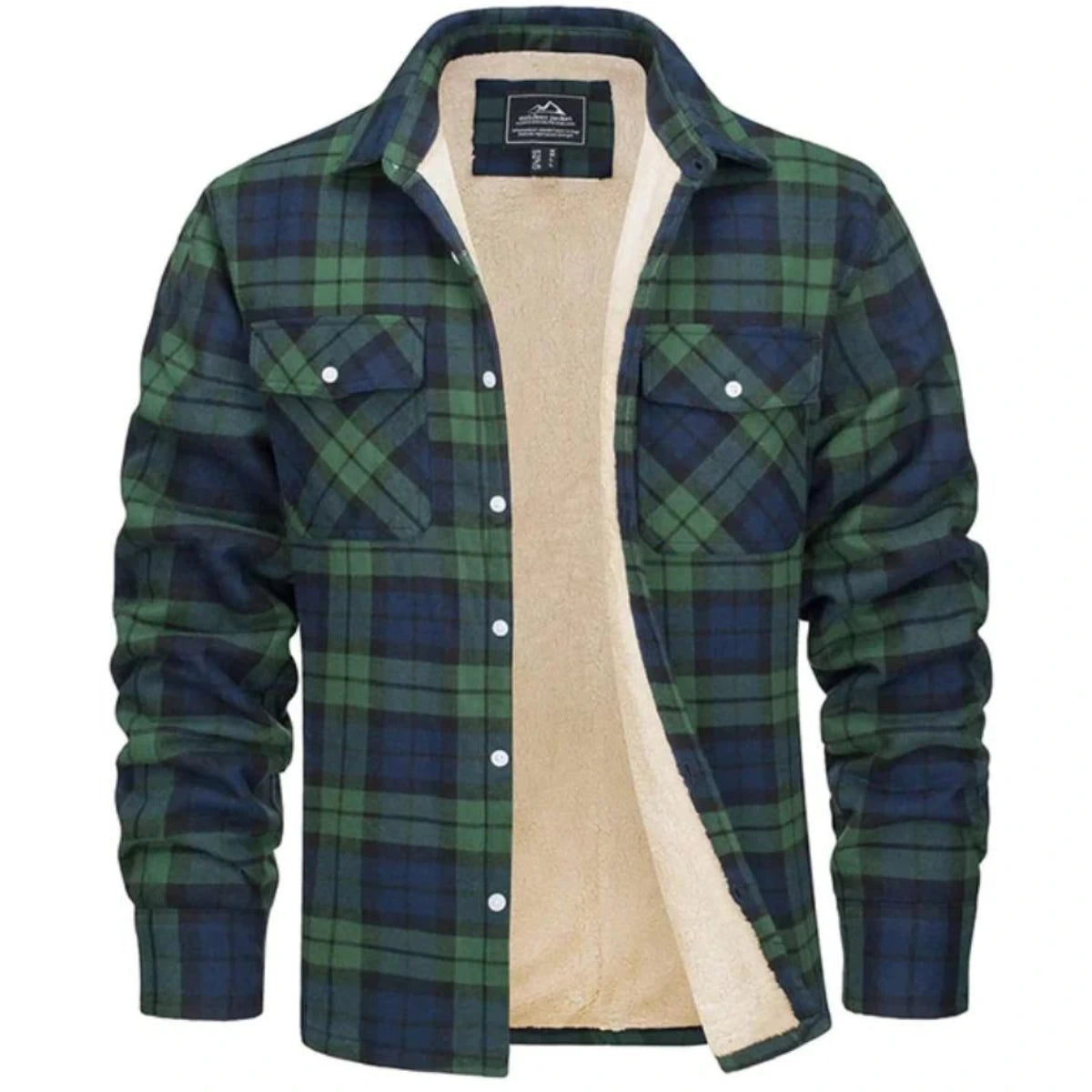 View of a cozy classic autumn jacket in deep green, featuring a soft fabric texture and a stylish collar