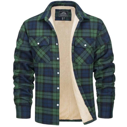 View of a cozy classic autumn jacket in deep green, featuring a soft fabric texture and a stylish collar