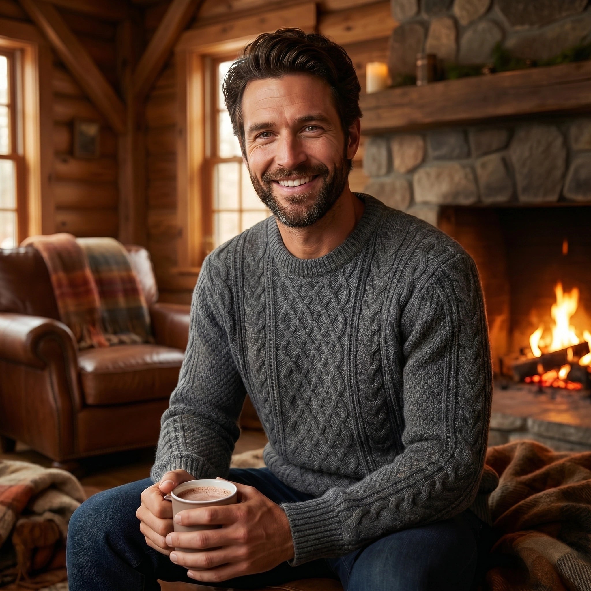 Close up view of the Mens Cozy Cable Knit Sweater showing intricate cable stitching and soft fabric texture against a neutral backdrop.