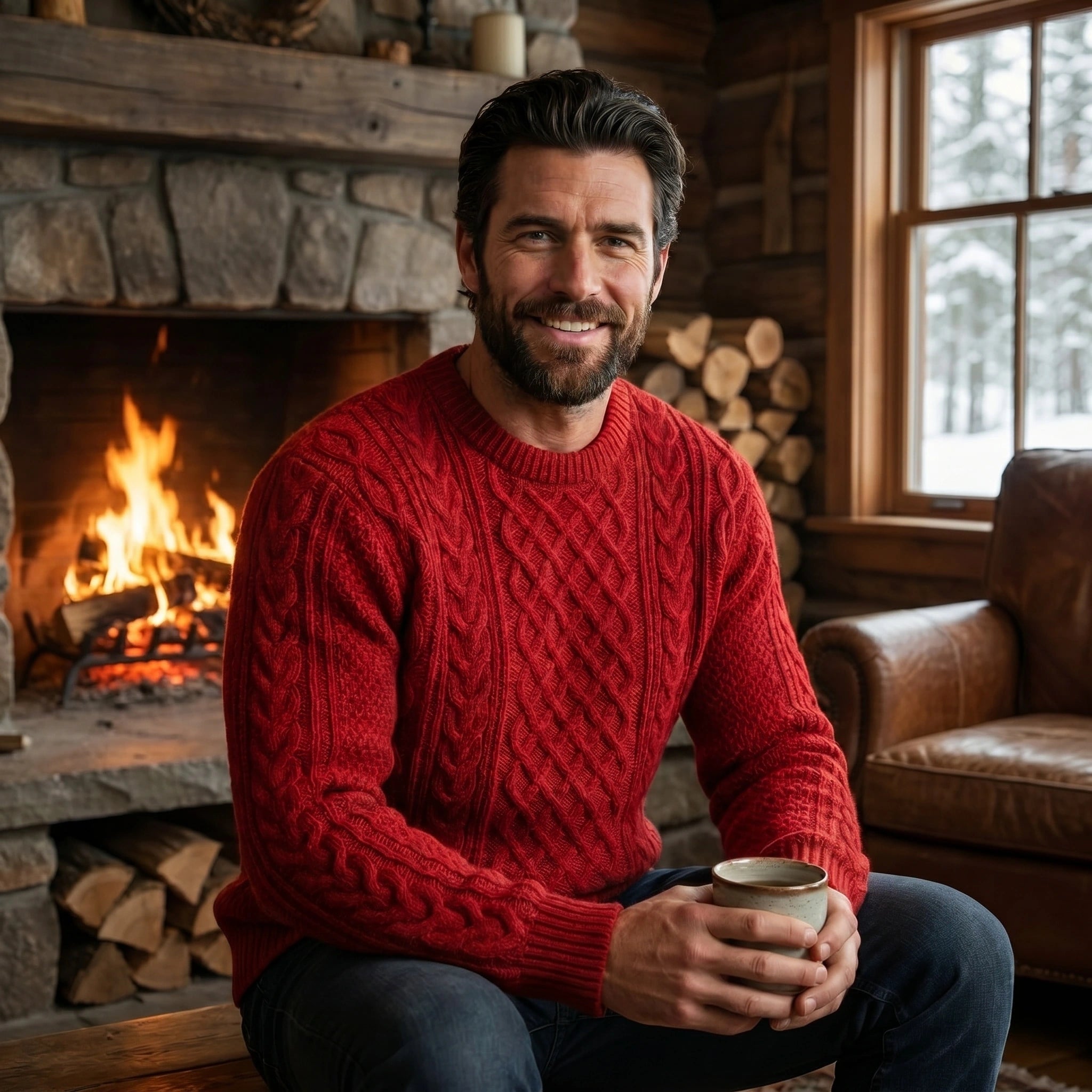 Close up view of the men's cozy cable knit sweater showing intricate stitching and texture, showing its luxurious fabric and timeless design.