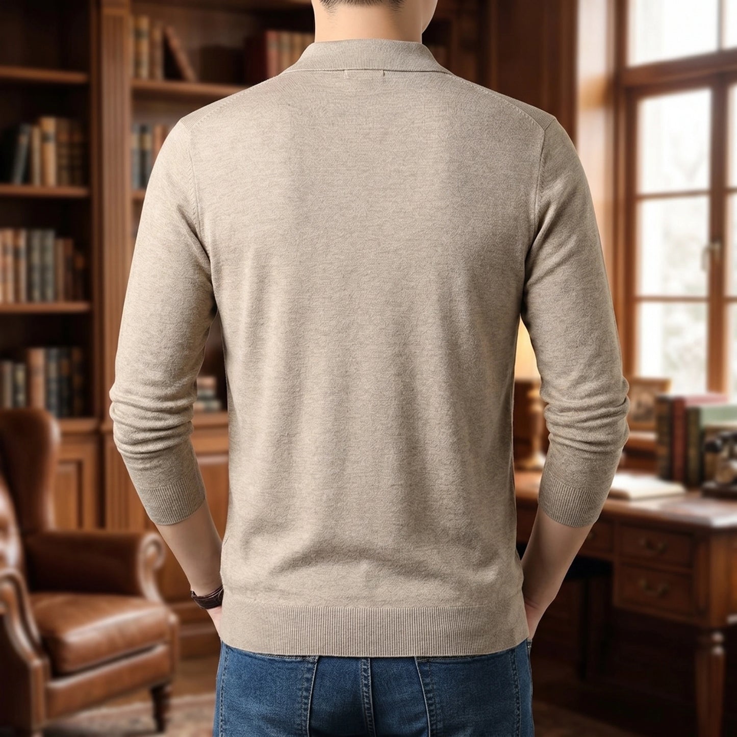 Close up of the men's sophisticated long sleeve polo sweater showing the fine knit texture and precise stitching in a rich navy color.