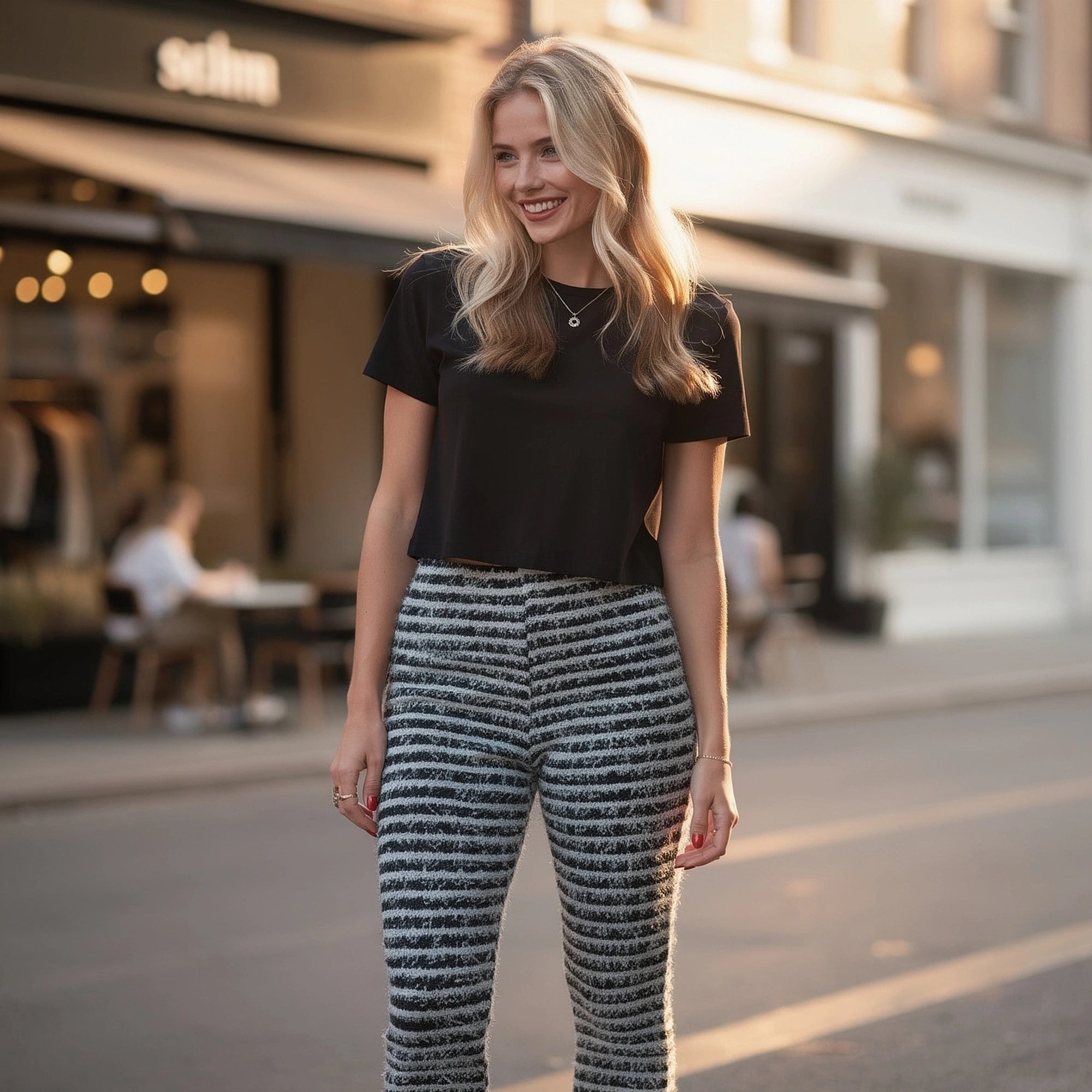 View of soft stretch trousers in light gray fabric, featuring an elastic waistband and pockets