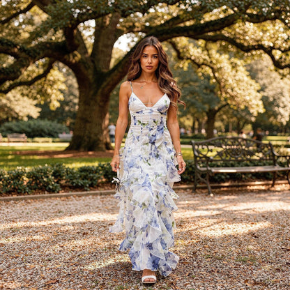 View of a flowy maxi dress featuring cut out details, in a soft pastel color, made