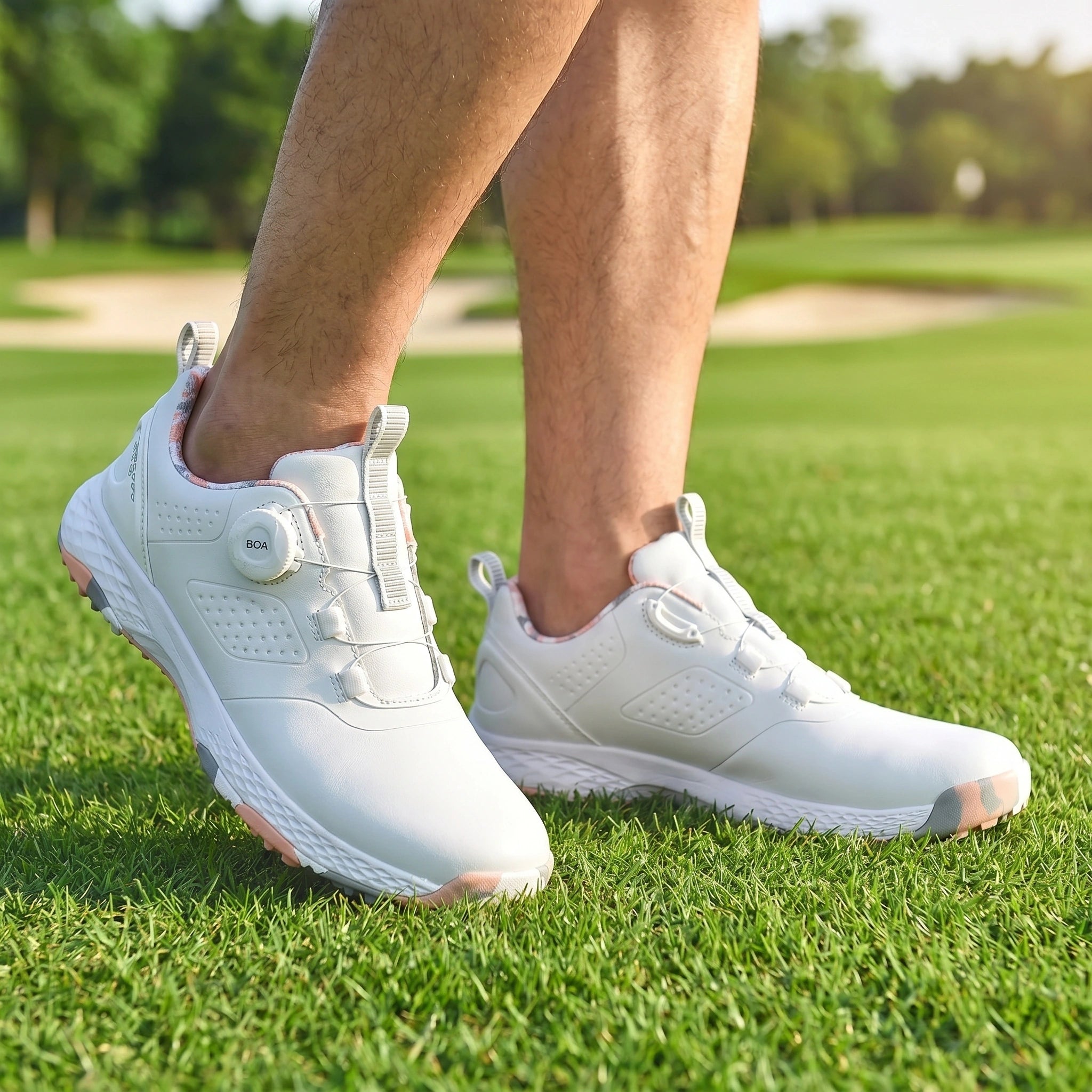 Close up view of the waterproof fabric and precise stitching details of men's casual golf sneakers, showing their quality and craftsmanship.