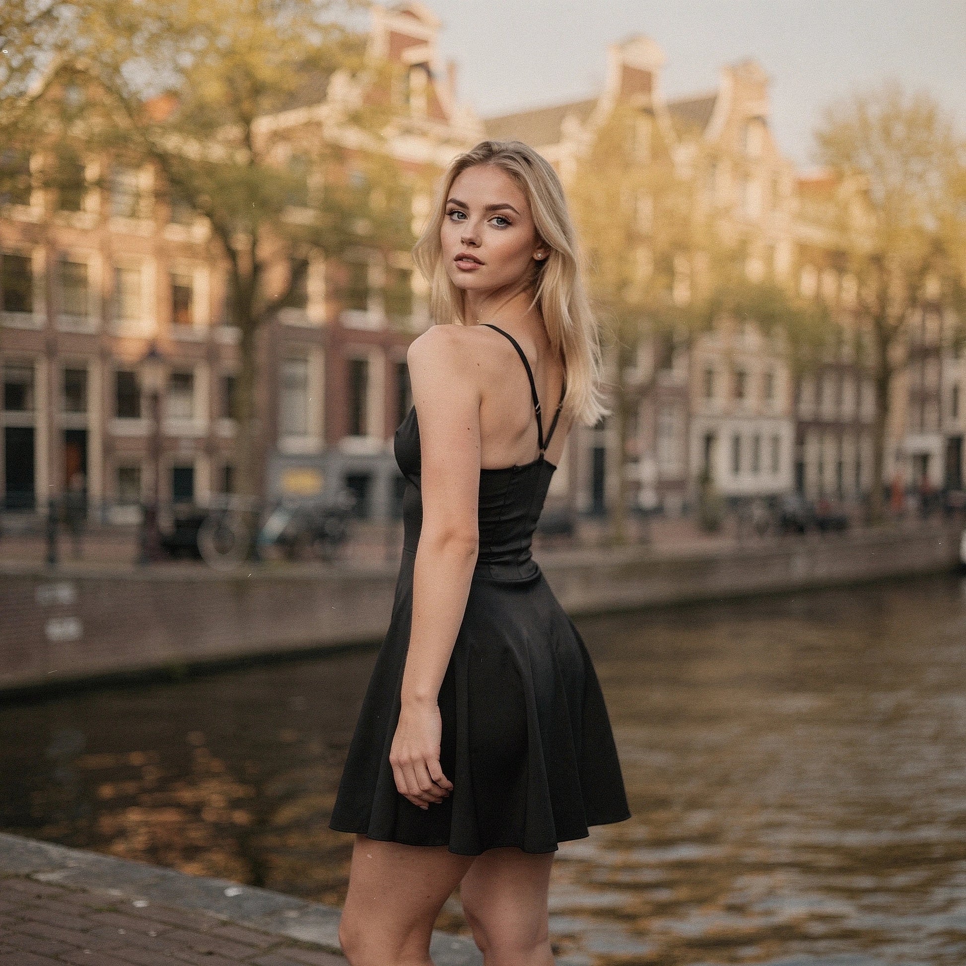 Elegant mini dress in soft fabric featuring pleated details, a fitted bodice, and a flared skirt, view