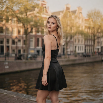 Elegant mini dress in soft fabric featuring pleated details, a fitted bodice, and a flared skirt, view