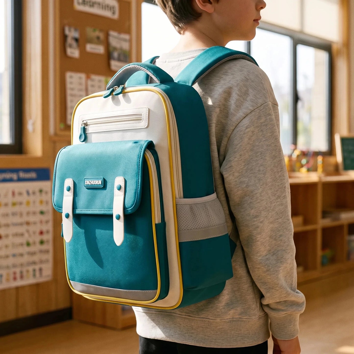 View of a stylish molded nylon school backpack for kids in vibrant blue, featuring adjustable straps and a spacious compartment