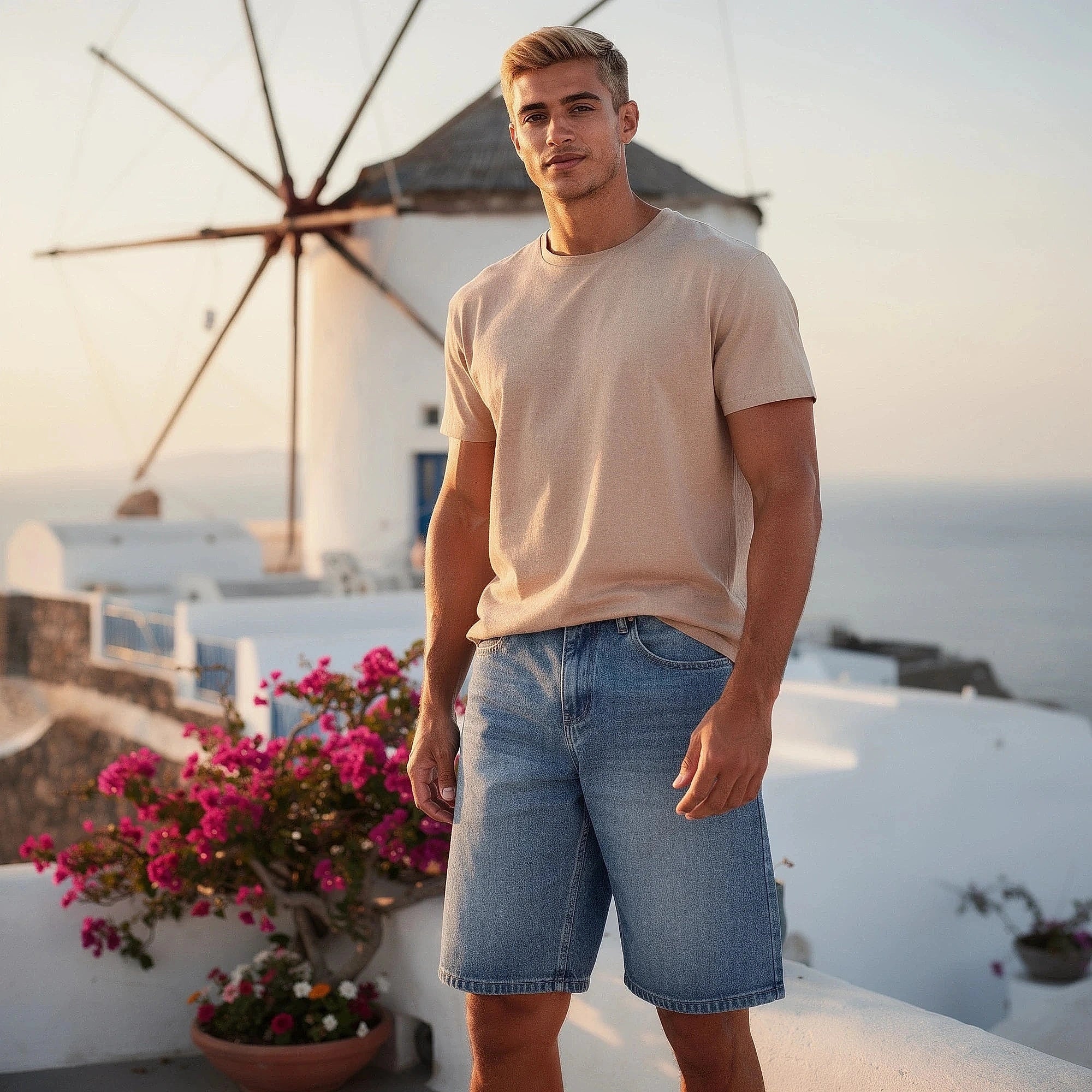 Light blue denim jorts with a loose fit, featuring a frayed hem and pockets, view