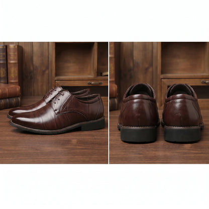 Close up view of the men's lace up dress shoes showing the fine stitching and brogue detailing on rich leather, emphasizing quality craftsmanship.