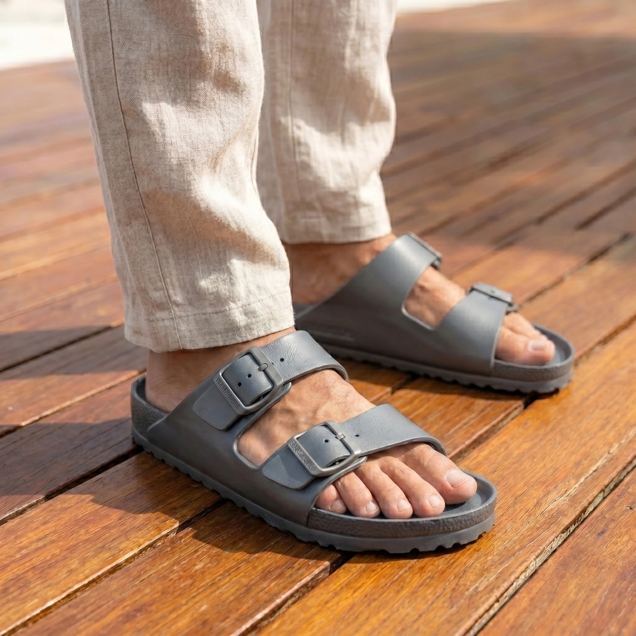 Close up view of the soft fabric and precise stitching details of the Mens Lightweight Casual Summer Slides, showing their quality and comfort.