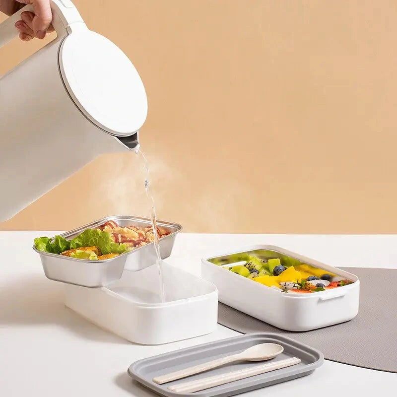 View of a sleek stainless steel double layer lunch box featuring a smooth silver finish and secure lid, showcasing its modern design