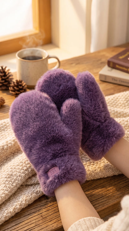Close up view of the Womens Cozy Plush Winter Gloves showing the soft fabric texture and detailed stitching, ideal for enhancing winter outfits.