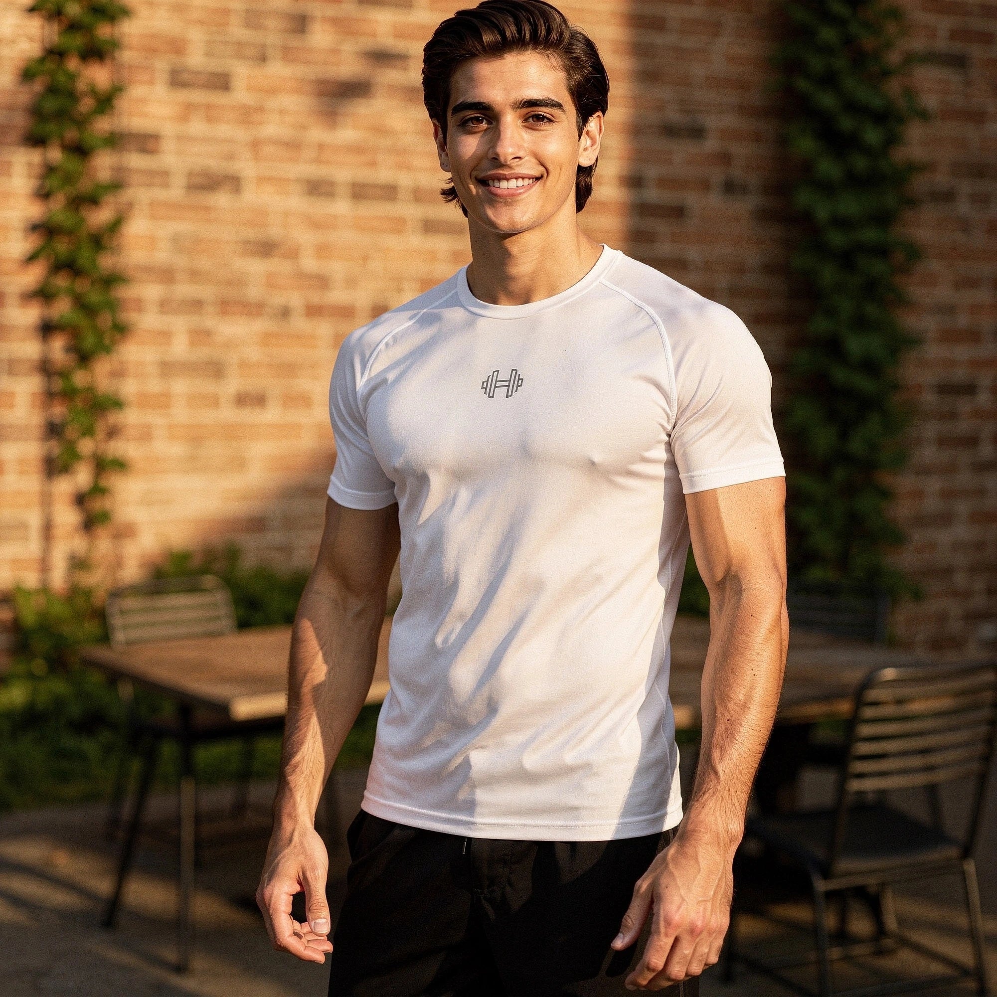 View of a reflective elastic athletic gym tee in dark gray, featuring short sleeves and a lightweight, breathable fabric