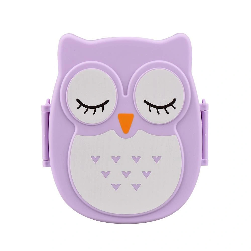 Colorful plastic lunch box for kids featuring a playful owl design, top view showcasing the secure lid and sturdy construction