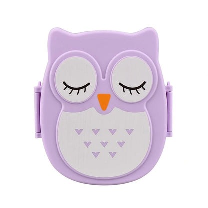 Colorful plastic lunch box for kids featuring a playful owl design, top view showcasing the secure lid and sturdy construction