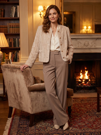 Back view of a model wearing a women's cropped autumn coat in a rich burgundy color, showing its tailored construction and design against a neutral background.