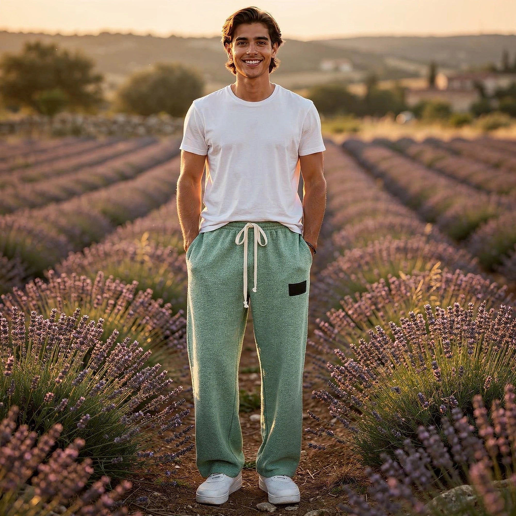 View of relaxed fit drawstring pants in soft cotton fabric, featuring an elastic waistband and pockets