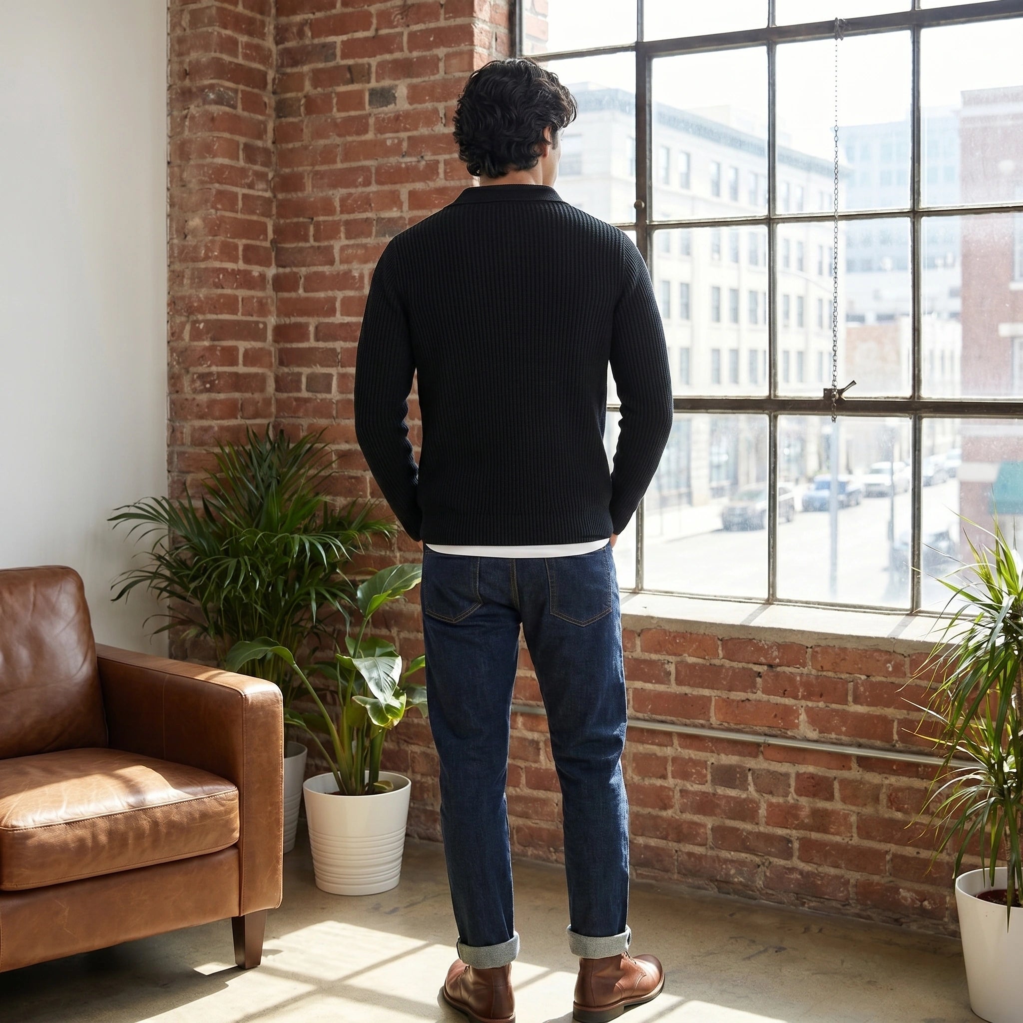 Close up view of the men's relaxed quarter zip sweater showing the fine fabric texture and precise stitching details in a classic neutral color.