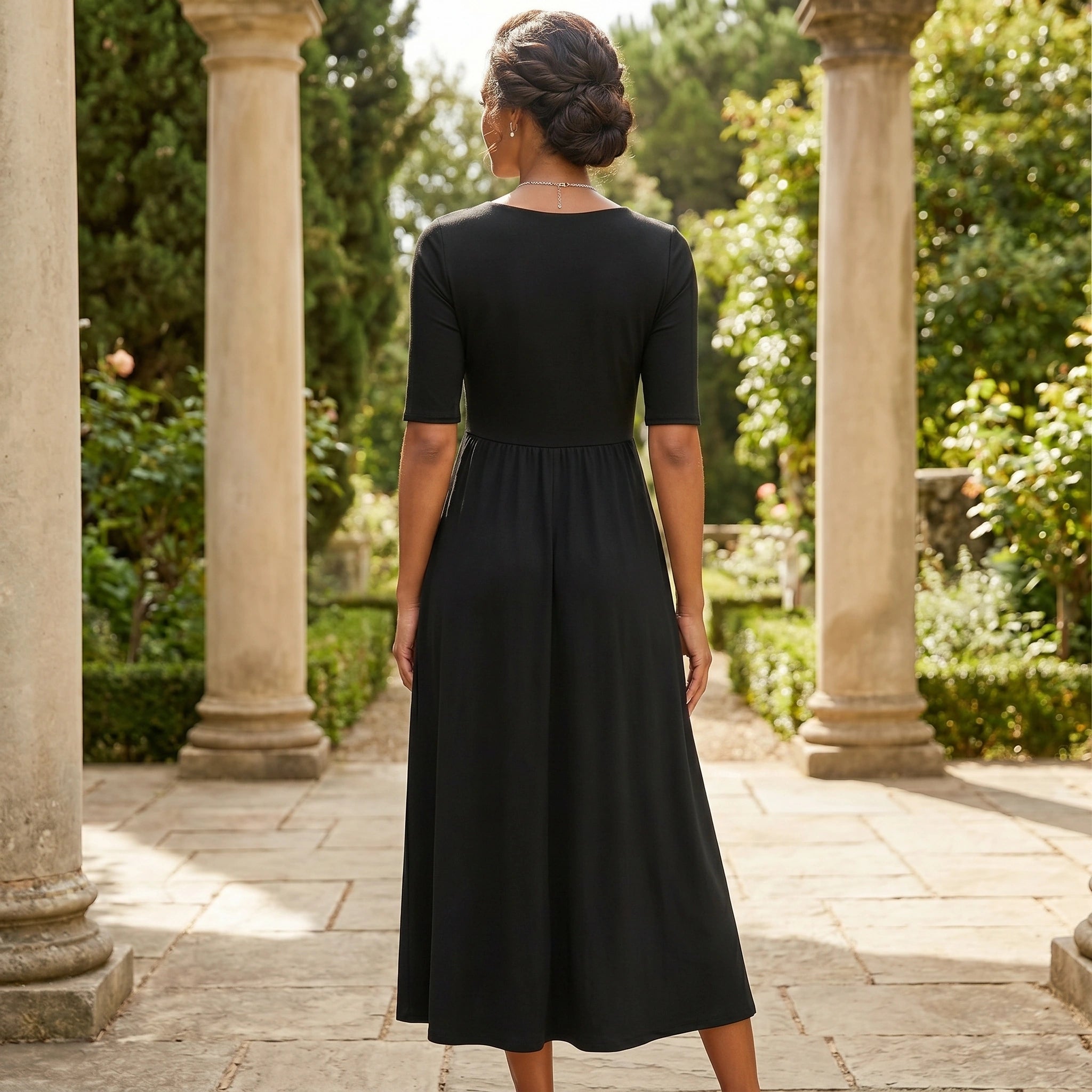 Close up of the Womens Flattering Midi Dress showing the luxurious fabric texture, precise stitching, and sophisticated design elements in a soft pastel color.
