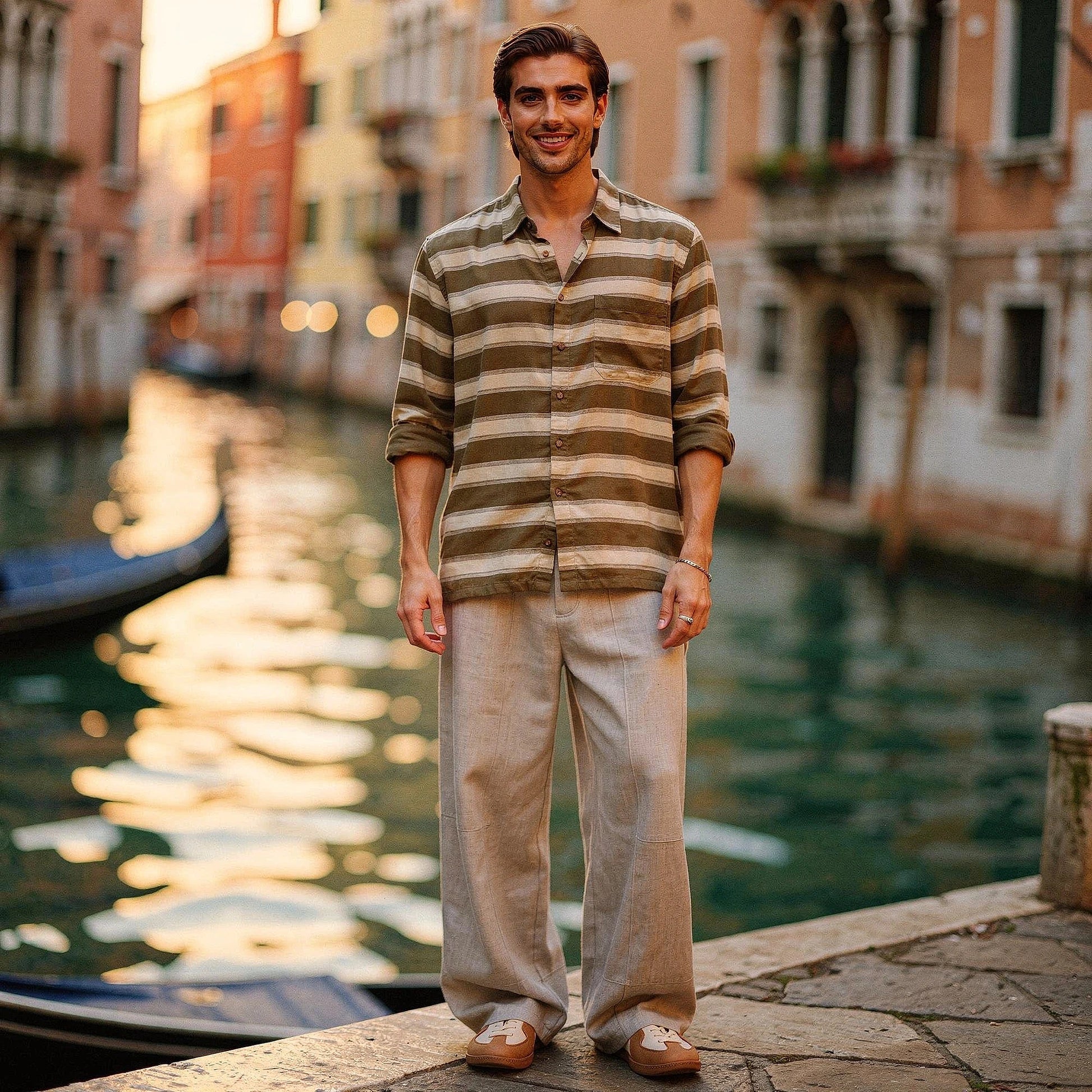 Lightweight summer trousers in light beige, featuring a relaxed fit, drawstring waist, and pockets, view
